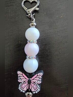 Pink Butterfly Beaded Keychain Card Holder Charm